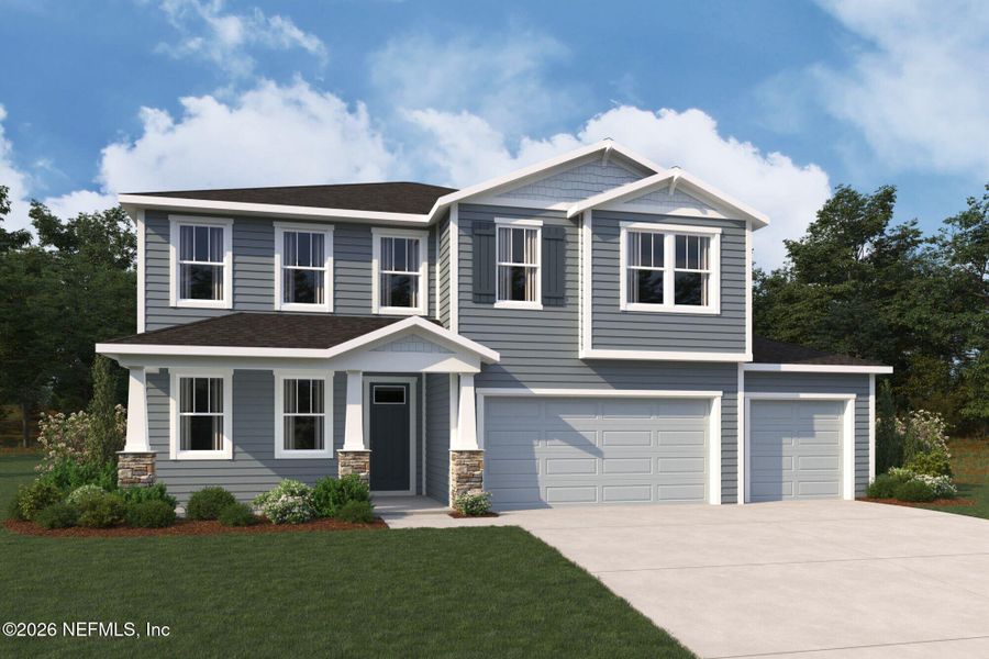 Front exterior of a new home in RiverTown, St. Johns, FL, highlighting curb appeal (Image 1). Front exterior of a new home in RiverTown, St. Johns, FL, highlighting curb appeal (Image 1).