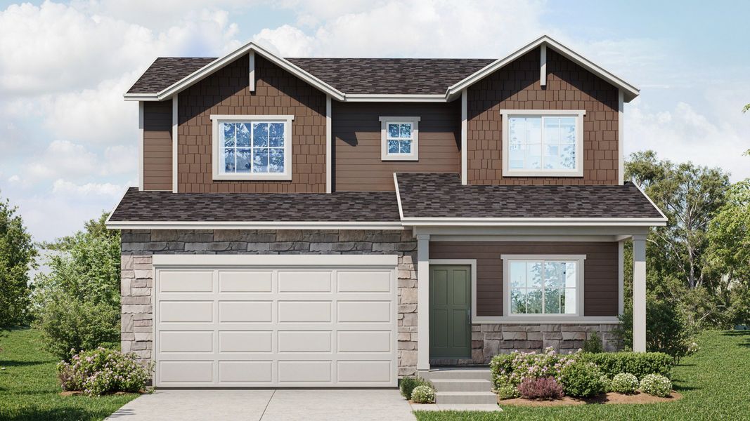 Representative exterior photo of a completed home built from the Harmony by DRB Homes in Granary, Johnstown, CO (Image 6). Representative exterior photo of a completed home built from the Harmony by DRB Homes in Granary, Johnstown, CO (Image 6).