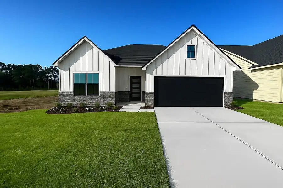 Front exterior of a new home in Hill & Dale Ranch, Splendora, TX, highlighting curb appeal (Image 2).