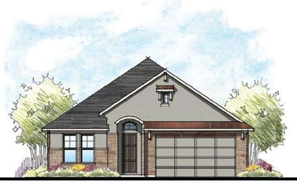 Yellowstar floorplan Elevation C, Graceful design package. Stucco and Stone front elevation with Brick on sides and back. Covered front porch and back patio