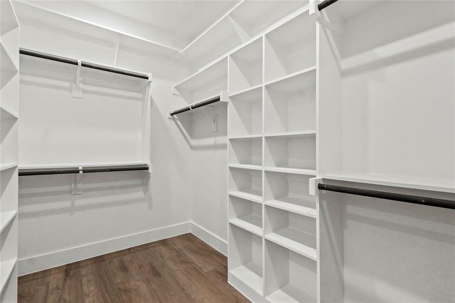 Walk in closet featuring dark wood finished floors Walk in closet featuring dark wood finished floors