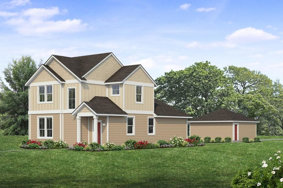Rendering of two story two-tone yellow/tan home with red door and detached garage with landscaping and sky Rendering of two story two-tone yellow/tan home with red door and detached garage with landscaping and sky