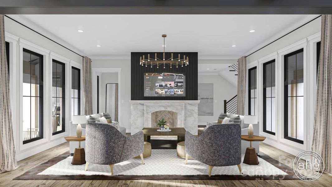 Concept Photo of Great Room with firepace, custom light fixture & plenty of windows for tons of natural light pouring through!