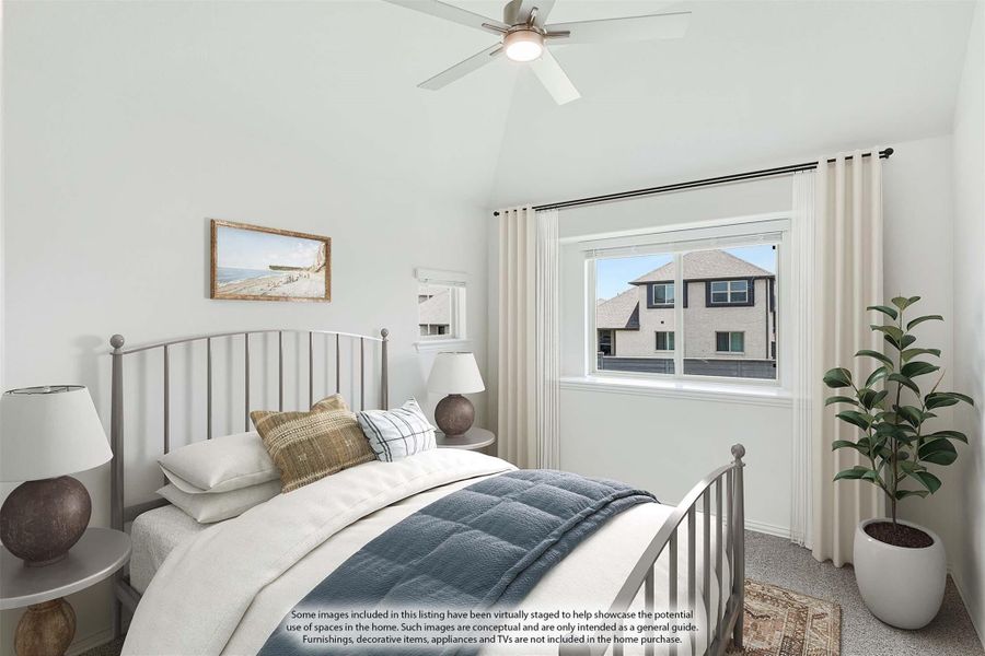 Bedroom with vaulted ceiling, ceiling fan, metal bed frame, and large window with natural light Bedroom with vaulted ceiling, ceiling fan, metal bed frame, and large window with natural light