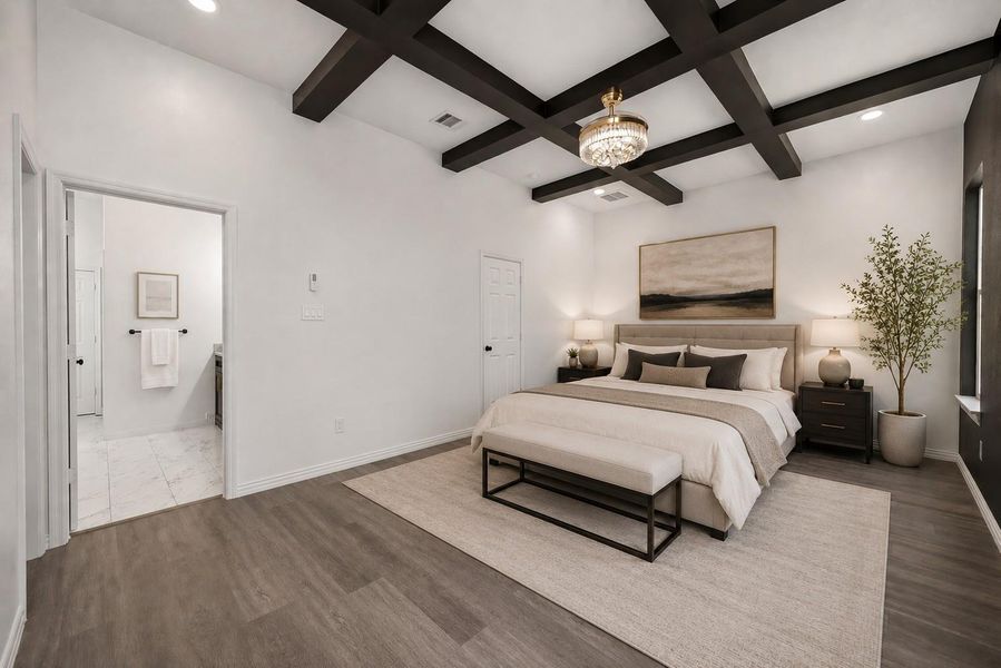Luxurious primary bedroom featuring generous space, abundant natural light, and stunning custom wood ceiling beams that add warmth, character, and an elegant designer touch. Virtually staged.