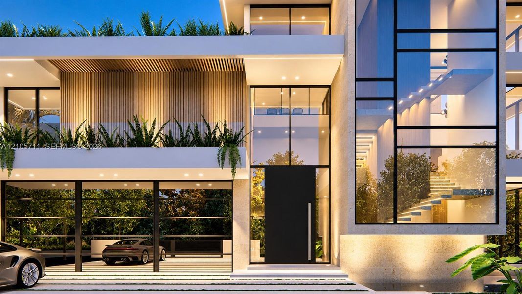 Contemporary architectural exterior featuring floor-to-ceiling glass paneling, vertical wood slat siding, integrated tiered planters, and a recessed multi-car covered parking area