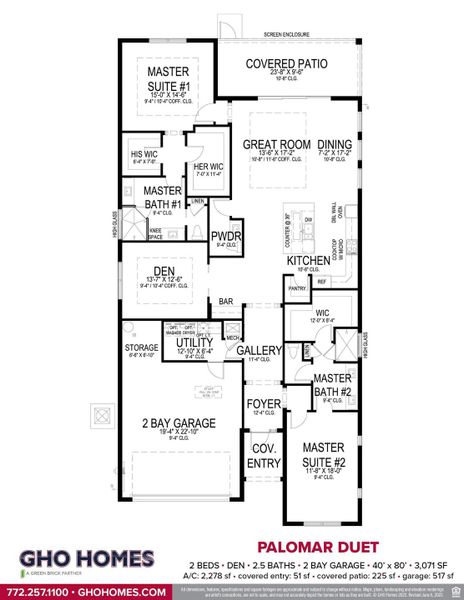 2D floor plan layout for the Palomar Duet by GHO Homes in Lake Park at Tradition, Port St. Lucie, FL (Image 86).