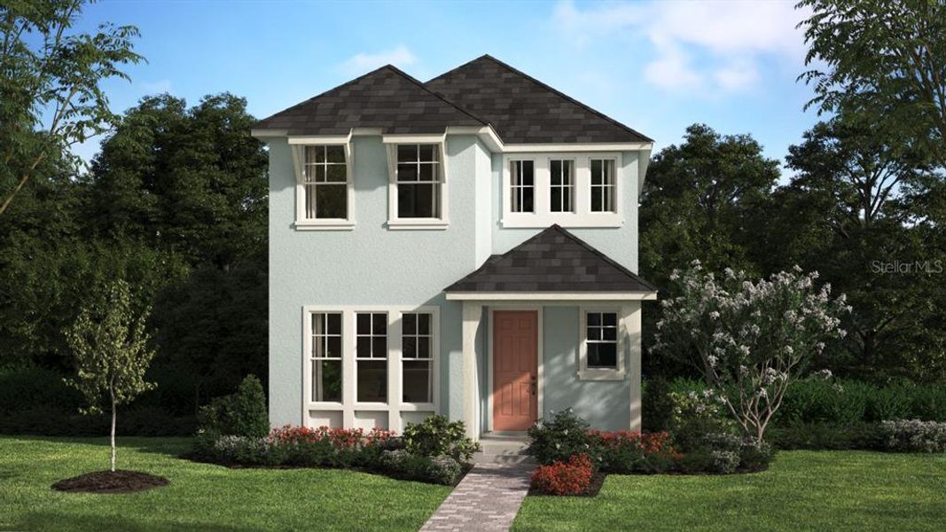 Front exterior of a new home in Spring Walk at The Junction, Debary, FL, highlighting curb appeal (Image 1).