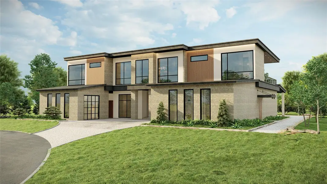 Modern home with brick siding and a front yard Modern home with brick siding and a front yard