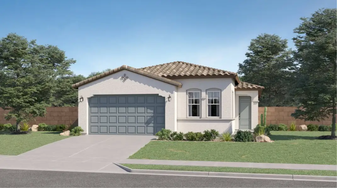 Front exterior of a new home in Asante Artisan, Surprise, AZ, highlighting curb appeal (Image 1). Front exterior of a new home in Asante Artisan, Surprise, AZ, highlighting curb appeal (Image 1).
