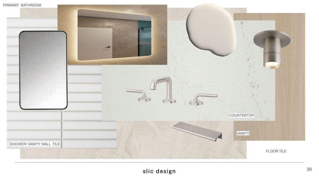 Spa-like primary bathroom with floating vanity, designer fixtures,