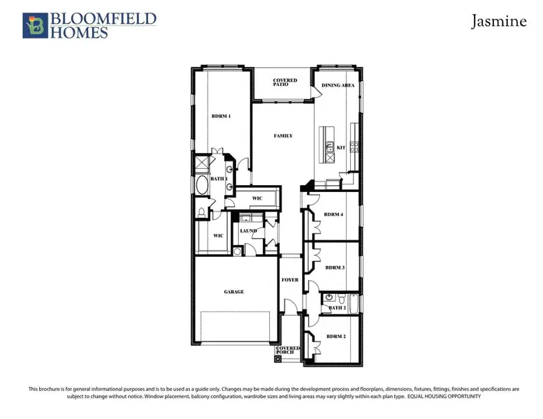 Bloomfield Homes Jasmine floor plan with four bedrooms, two bathrooms, family room, kitchen, and two-car garage.
