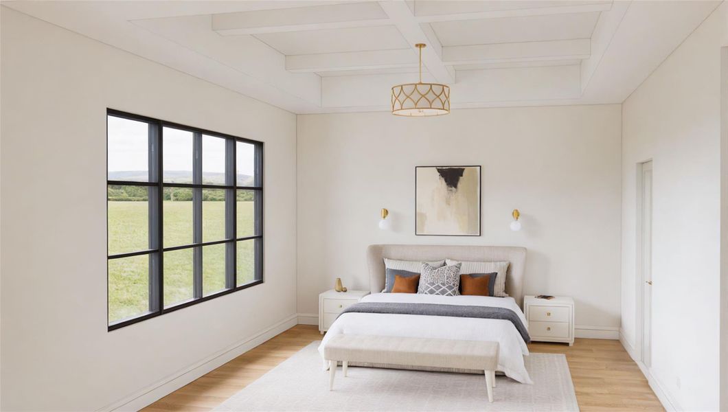 The primary bedroom includes hardwood floors, large windows and a balcony overlooking the ravine. The primary bedroom includes hardwood floors, large windows and a balcony overlooking the ravine.