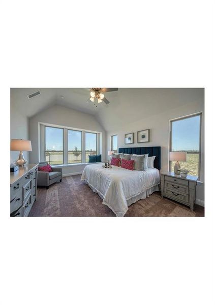 Bedroom featuring multiple windows, ceiling fan, carpet, and vaulted ceiling