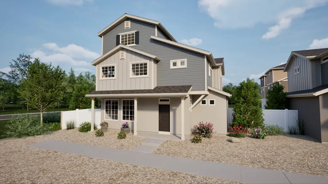 Front exterior of a new home in Green Valley Ranch, Aurora, CO, highlighting curb appeal (Image 1). Front exterior of a new home in Green Valley Ranch, Aurora, CO, highlighting curb appeal (Image 1).