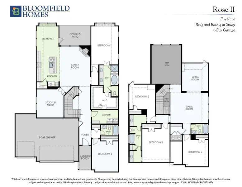 Bloomfield Homes Rose II floor plan showing two-story layout with five bedrooms, game room, media room, and three-car garage. Bloomfield Homes Rose II floor plan showing two-story layout with five bedrooms, game room, media room, and three-car garage.