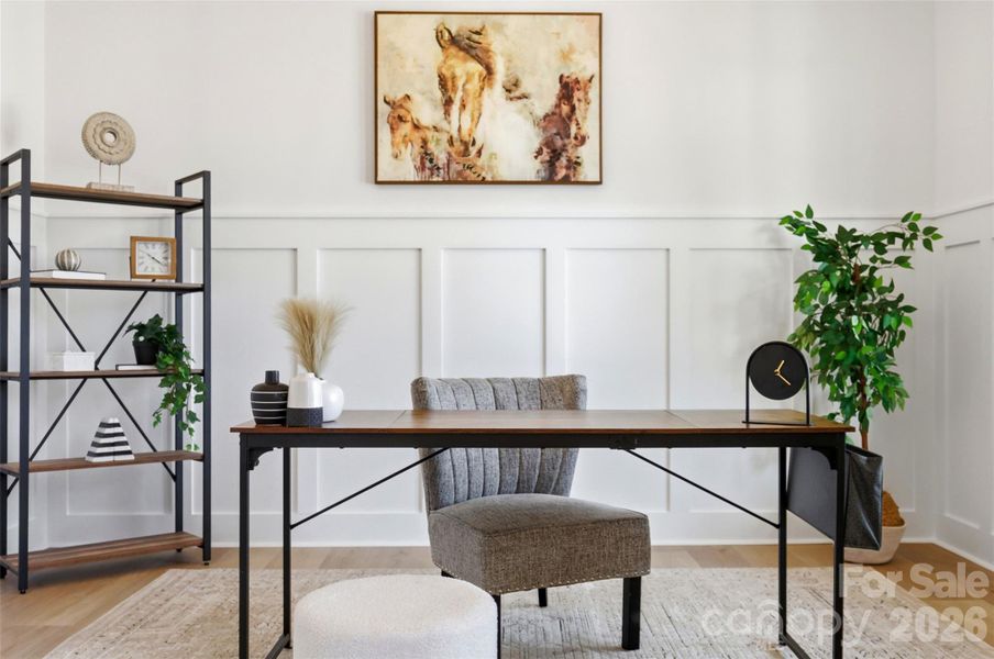 front office w/ French doors, tray ceiling
