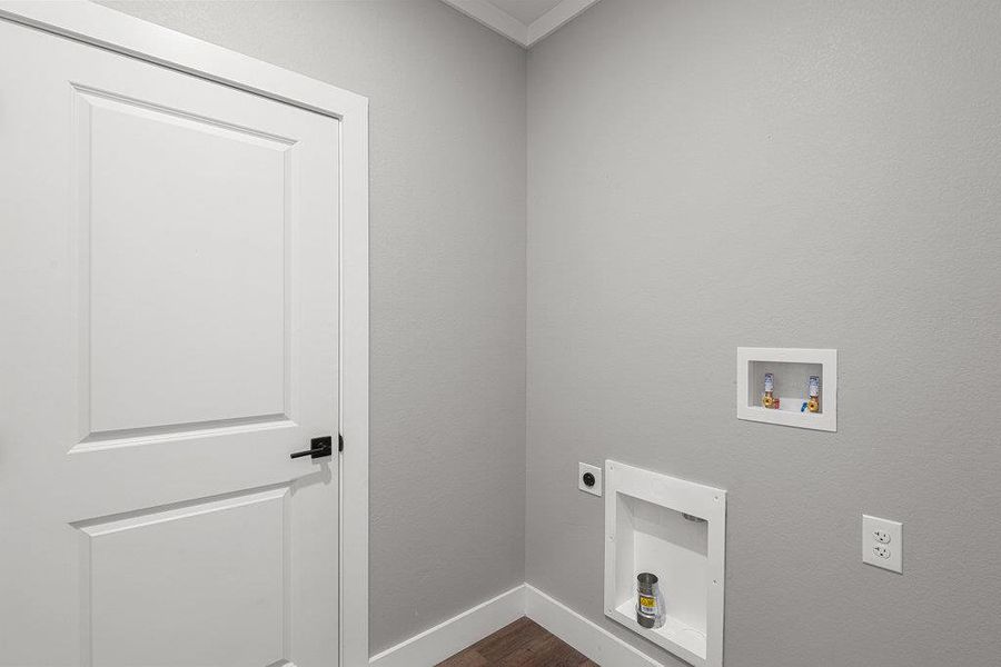 Laundry area with washer hookup, hookup for an electric dryer, and dark wood-style flooring