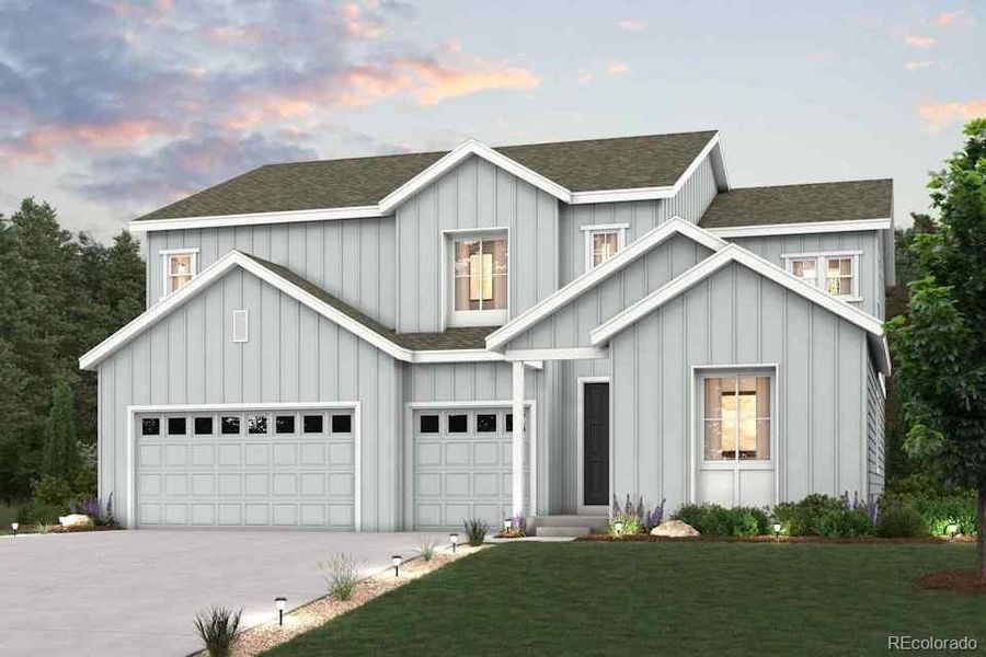 Front exterior of a new home in Prestige Collection at Parkdale Commons, Lafayette, CO, highlighting curb appeal (Image 1).