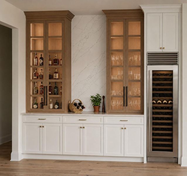 Custom cabinetry in the breakfast room, with a 6 ft-high wine cooler and an espresso bar. Virtually Staged. Custom cabinetry in the breakfast room, with a 6 ft-high wine cooler and an espresso bar. Virtually Staged.