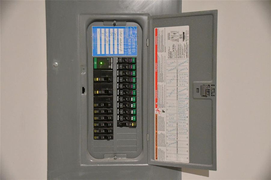 This photo shows an electrical panel with labeled circuit breakers, indicating a well-organized and maintained system in the home, and an incorporated surge protector.