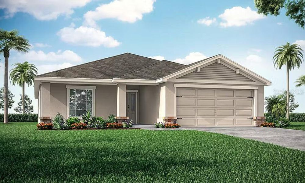 Front exterior of a new home in Geneva Landings, Davenport, FL, highlighting curb appeal (Image 1).