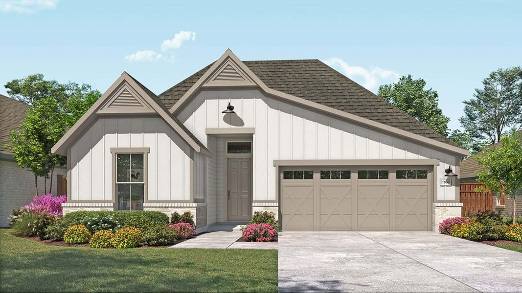Representative exterior photo of a completed home built from the Mahogany by DRB Homes in Newhaven, Manor, TX (Image 4).