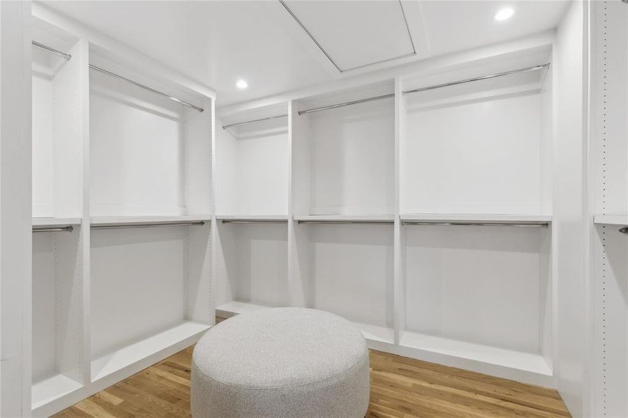 Walk in closet with wood finished floors