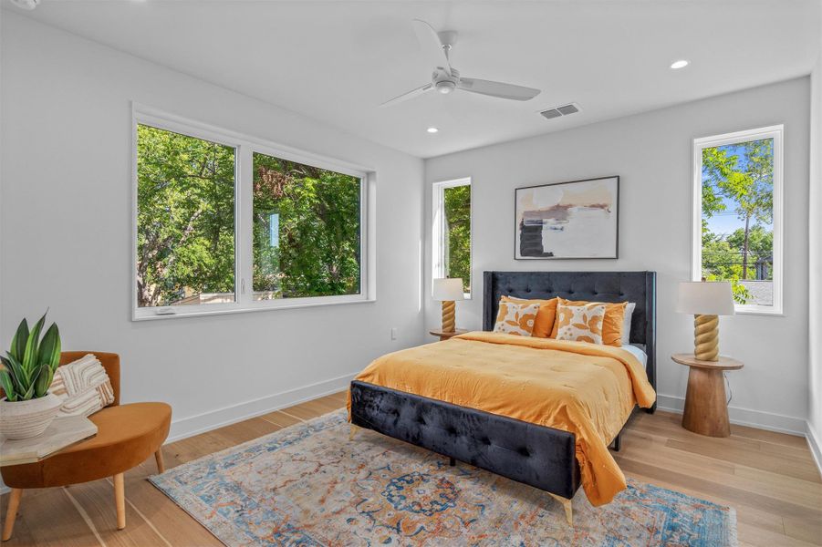 The primary suite sits on the second level, allowing for treetop views. The primary suite sits on the second level, allowing for treetop views.