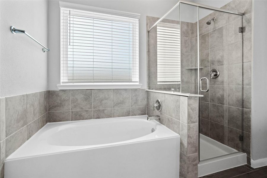 Additional view of the primary bathroom showcases the soaking tub and walk-in shower with window allowing in natural lighting.