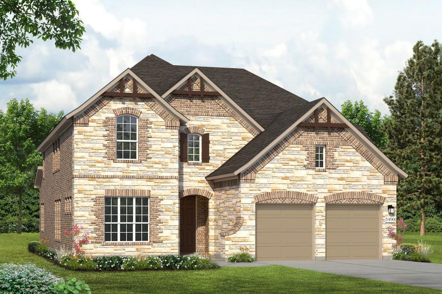 French provincial home with driveway, roof with shingles, an attached garage, a front lawn, and brick siding