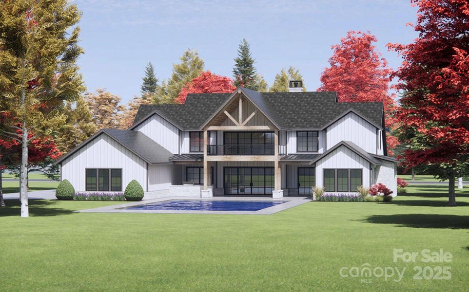 Oversized black-framed windows and sliding glass doors offer panoramic views, infuse the home with natural light, and create a seamless indoor-outdoor flow. (2nd-story porch and pool not included).