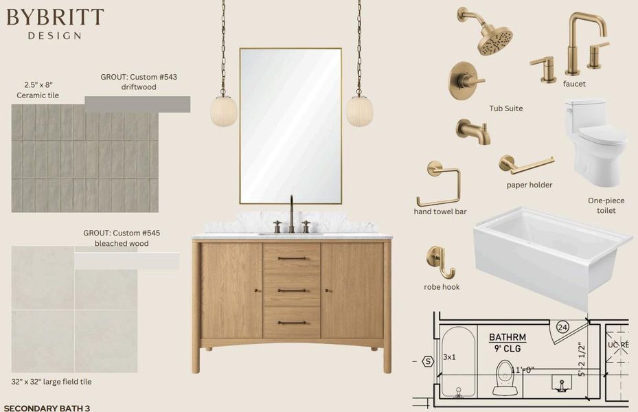 Visualize a bathroom featuring a sleek wooden vanity, an elegant mirror, and brushed gold fixtures.