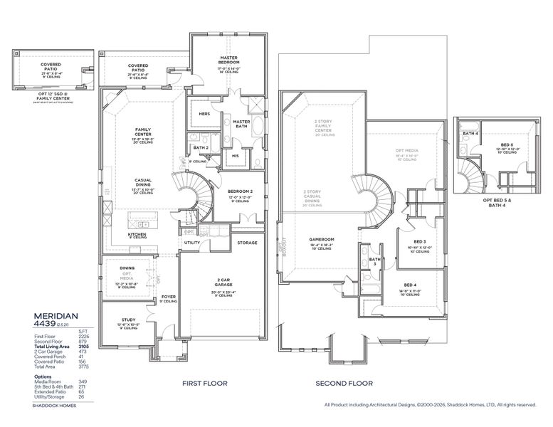 2D floor plan layout for the Meridian - SH 4439 by Shaddock Homes in Solterra Texas, Mesquite, TX (Image 3).