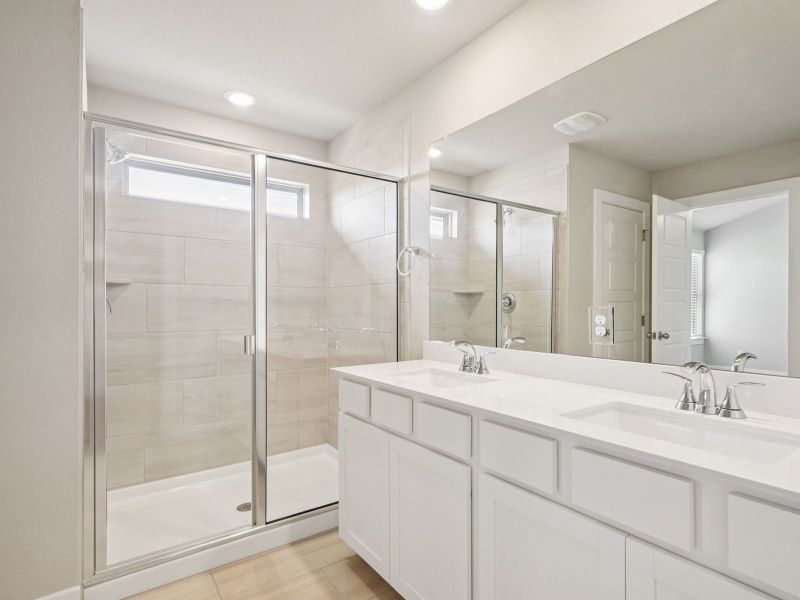 Primary suite bathroom in the Red River floorplan at a Meritage Homes community.