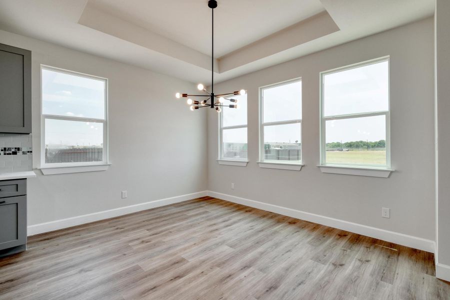 Unfurnished dining area with a tray ceiling, a chandelier, healthy amount of natural light, and light wood-style floors