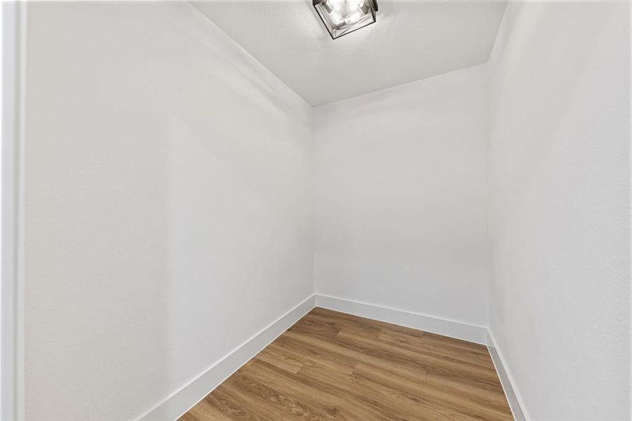 This space features light-colored walls, a ceiling-mounted light fixture, and wood-look flooring This space features light-colored walls, a ceiling-mounted light fixture, and wood-look flooring