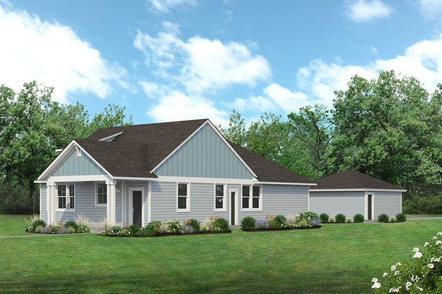 Rendering of one story two-toned blue home with black door and detached garage with sky and landscaping Rendering of one story two-toned blue home with black door and detached garage with sky and landscaping