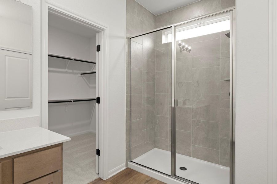 Full bathroom featuring vanity, a shower stall, a spacious closet, and light wood-style floors