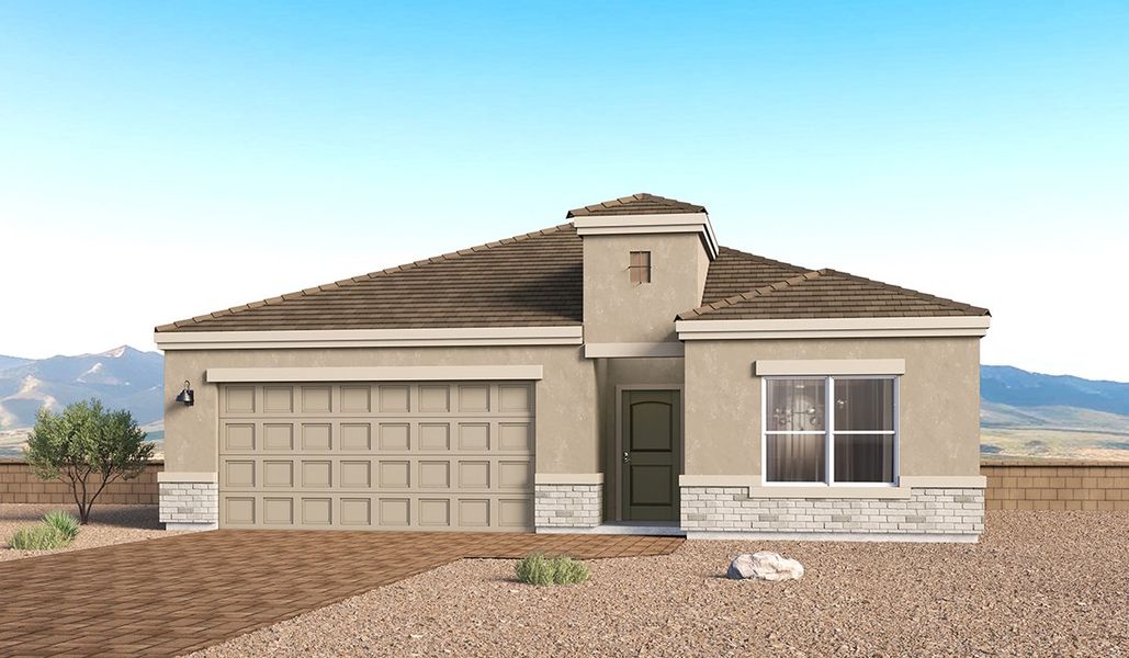 Front exterior of a new home in Solterra, Green Valley, AZ, highlighting curb appeal (Image 1). Front exterior of a new home in Solterra, Green Valley, AZ, highlighting curb appeal (Image 1).