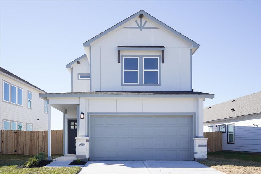 Modern two-story home with a clean facade featuring a double garage, a small front porch, and a fenced backyard. Ideal for families seeking a contemporary design. Modern two-story home with a clean facade featuring a double garage, a small front porch, and a fenced backyard. Ideal for families seeking a contemporary design.