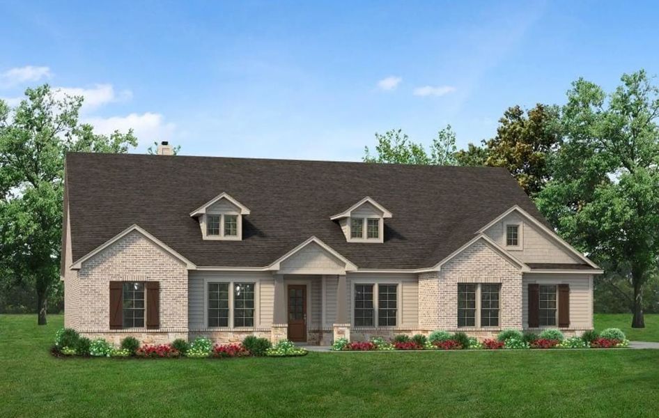 Front exterior of a new home in Rocky Top, Krum, TX, highlighting curb appeal (Image 1). Front exterior of a new home in Rocky Top, Krum, TX, highlighting curb appeal (Image 1).