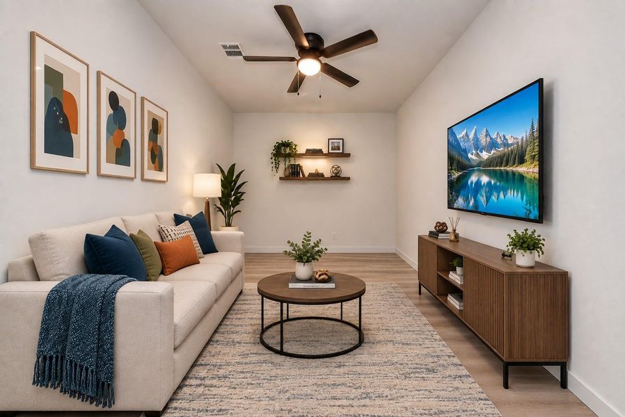 Virtually staged game room on the second-floor landing. Virtually staged game room on the second-floor landing.