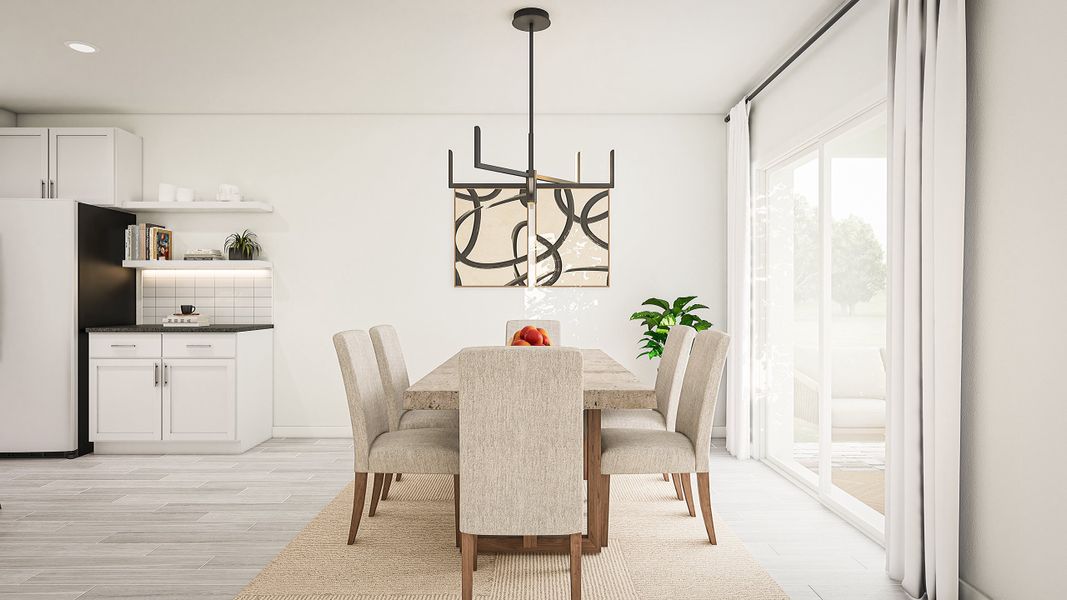 Dining area with decorative chandelier