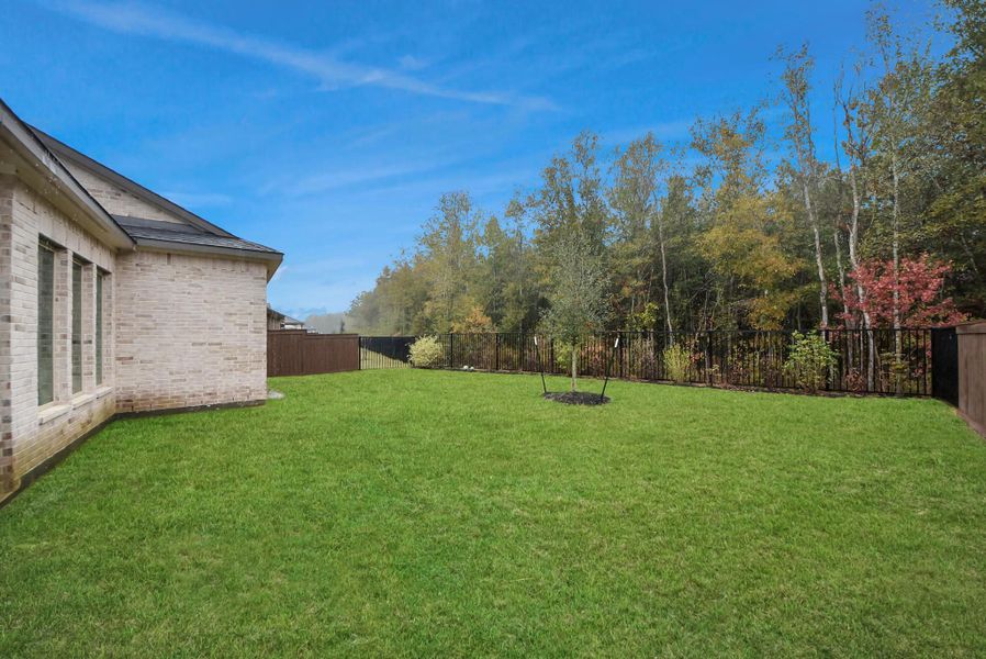 Expansive backyard with no rear neighbors, offering peaceful views of the wooded greenbelt—perfect for outdoor activities, gardening, or creating your dream outdoor living space.