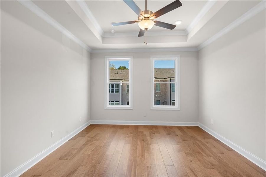 Spare room featuring ornamental molding, light wood-style flooring, a raised ceiling, and ceiling fan