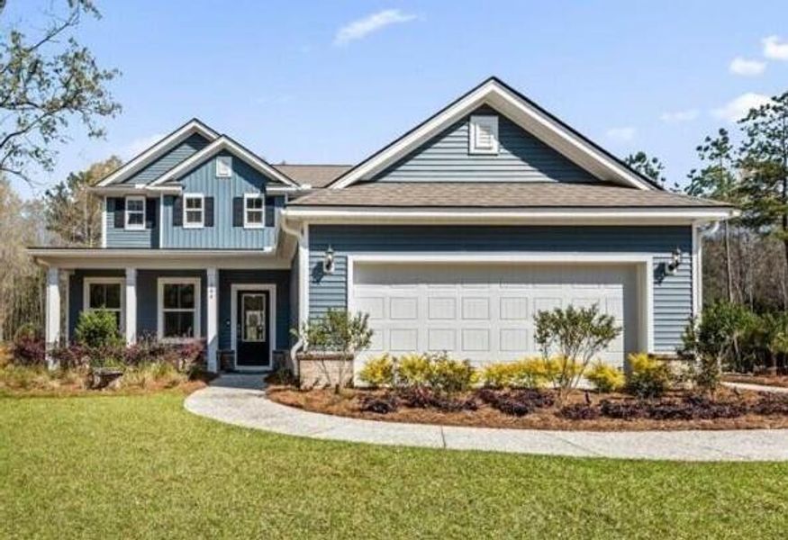 Front exterior of a new home in Cedar Glen Preserve, Huger, SC, highlighting curb appeal (Image 1). Front exterior of a new home in Cedar Glen Preserve, Huger, SC, highlighting curb appeal (Image 1).
