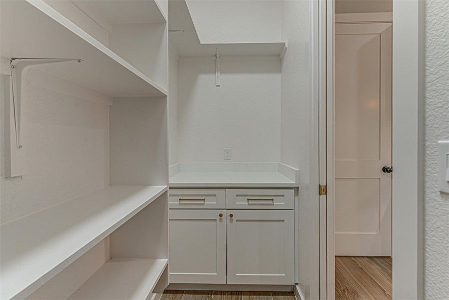 Spacious Pantry with area for a coffee bar.