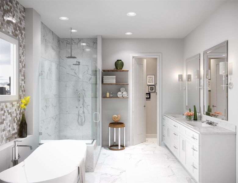 Primary bath offers a large shower, soaking tub and luxury finishes (rendering).