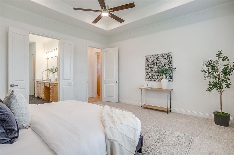 Large primary bedroom with a raised ceiling, crown molding, and a ceiling fan
